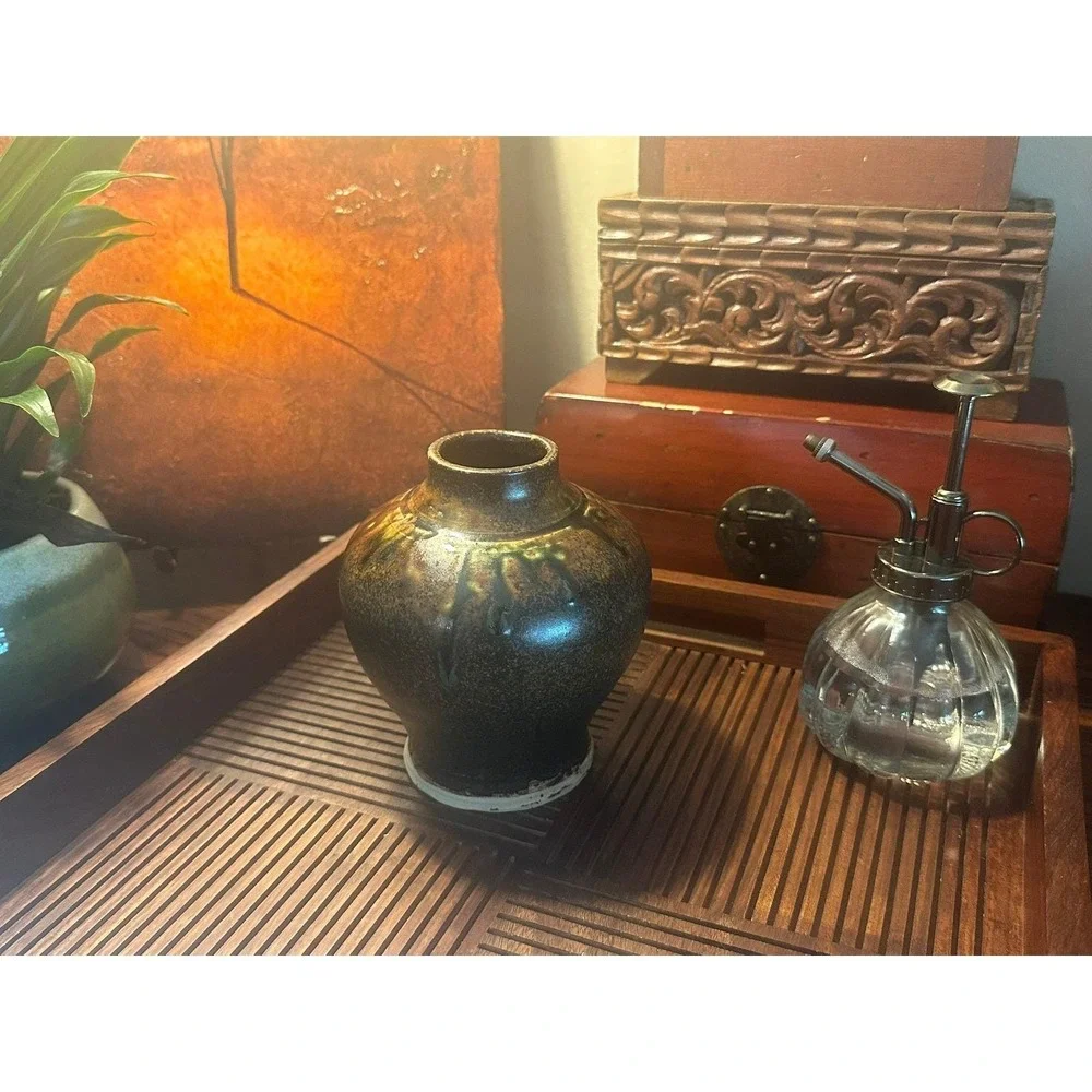 Artist Signed Rustic Speckled Pottery Vase Brown Green Studio Art 5.5